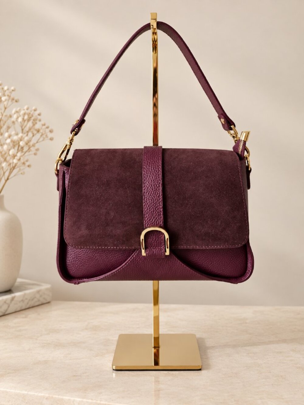 Burgundy Leather Shoulder Bag, Italian Suede Crossbody Purse